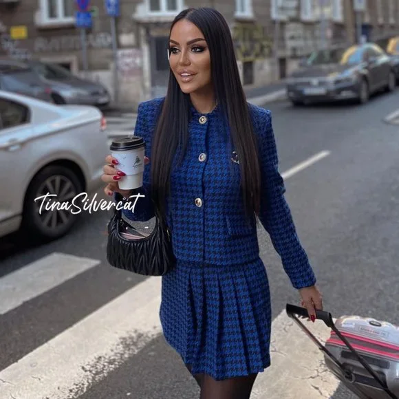 BLOGGER'S FAVE! Zara 2 Piece Co-ord Houndstooth Blazer And Skort Set Blue NWT